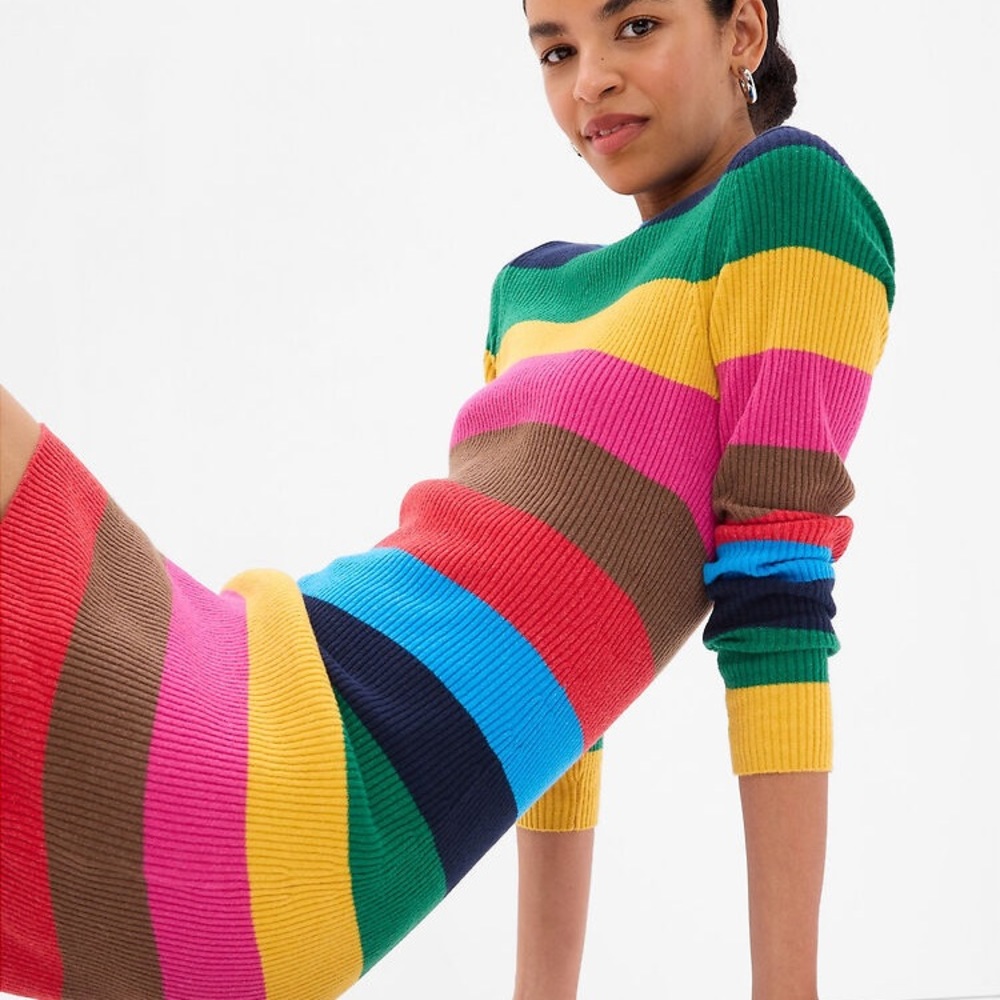 NWOT Gap Happy Stripe Cashsoft Ribbed Mini Sweater Dress Sz Medium Tall